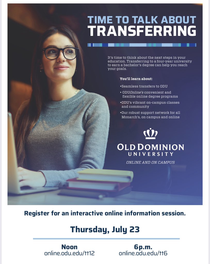 Old Dominion University is hosting two virtual transfer sessions on Thursday, July 23rd. The two virtual events via Zoom on July 23rd start at noon and 6 PM.