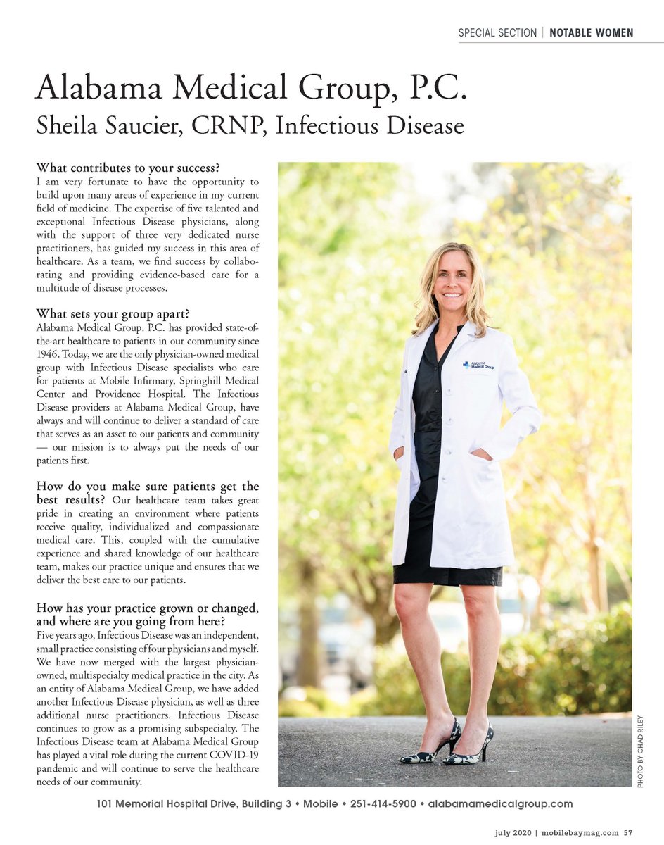 AlabamaMedGroup's tweet photo. Congratulations to Sheila Saucier, Infectious Disease, Nurse Practitioner, for being highlighted in the July issue of Mobile Bay Magazines "Notable Women" special feature. We are so very proud to have Sheila as a part of our dynamic healthcare team at Alabama Medical Group. https://t.co/j7DsrlXH4b