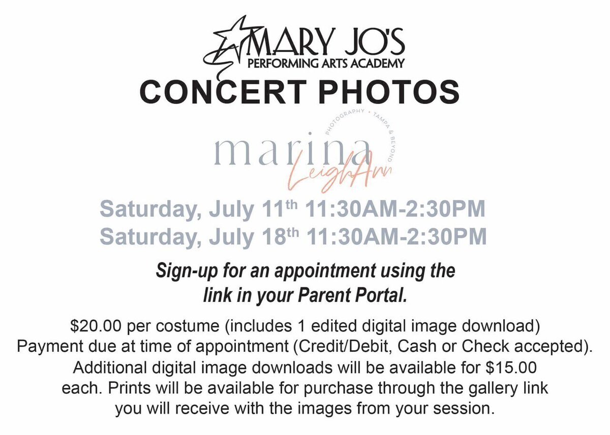 MJPAA's tweet photo. #MJPAA 41st Annual "Hats Off To Dance" Concert Picture Sign Up Available! 📸
DATE: Sat., July 18th
>>>>
Pls refer to the email sent on July 2nd for a sign-up link and for more info see flyer attachment. 
Photos by: Marina LeighAnn Photography 
•
•
#2020Concert https://t.co/oFEYKvdQ5z