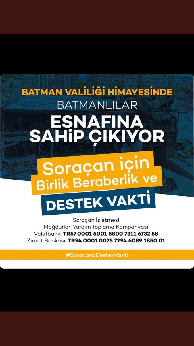 Eğer bugün elbirliğiyle bir şeyler yaparsak istihdam sağlanacak, yüzlerce çalışan işsizlikten kurtulacak, içimizdeki ateşe su serpilecek.. Gün birlil olma vakti, gün sıkıntıdaki Müslüman kardeşlerine yardım etme vakti <a href="/RTErdogan/">Recep Tayyip Erdoğan</a>
<a href="/suleymansoylu/">Süleyman Soylu</a>
<a href="/haluklevent/">Haluk Levent ( Ahbap Ekibi )</a>
 #soracanadestekvakti