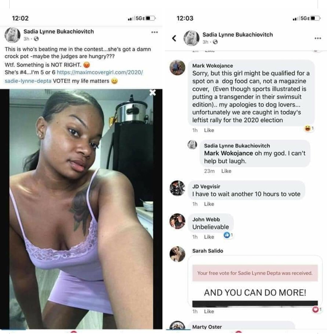 Prettyfly_1738's tweet photo. @MaximMag you really should look into this contestant Sadia Lynne Bukachiovitch participating in the Magazine Cover Contest. Not cool😡😡😡 https://t.co/duaeLxCzW3