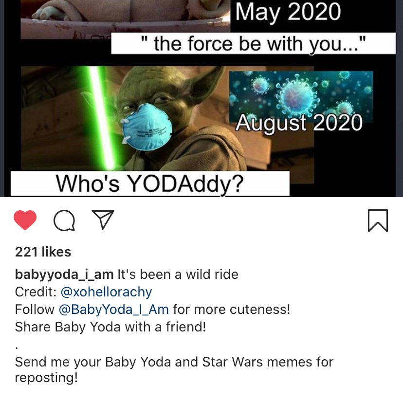 rach_tweeter's tweet photo. #mco335 I'm ecstatic! @BABYYODA_I_AM reposted my meme on instagram! #babyyoda2020 #yoda #starwarsmeme @starwars @Disney @disneyplus https://t.co/00i1F1scQo