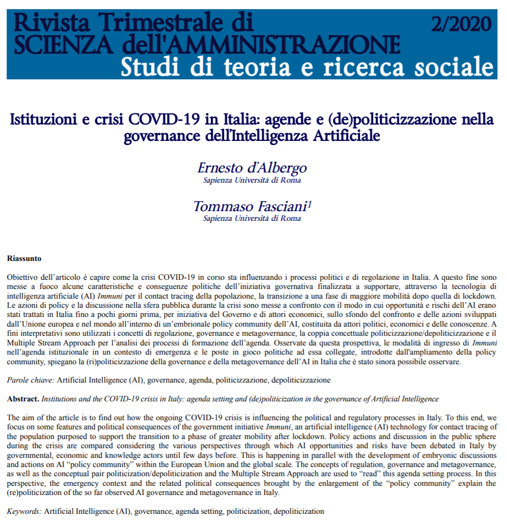 RivistaTSA's tweet photo. ‼️ #RTSA 2/2020 #dAlbergo #Fasciani "Istituzioni e crisi COVID-19 in Italia: agende e (de)politicizzazione nella governance dell’Intelligenza Artificiale" #COVID19 #AI #governance #agendasetting #politicization #depoliticization #openaccess
☑️https://t.co/MKLSewC7GM https://t.co/e7F7V4QHg3