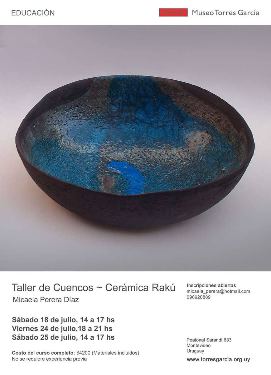 Nuevo Taller de Cuencos en Cerámica Raku.

Este taller consiste en elaborar cuencos de cerámica en la antigua técnica Oriental Raku .

Docente: Micaela Perera.

Inicio: Sábado 18 Julio de 2020.

+ info: torresgarcia.org.uy/taller/nuevo-t…