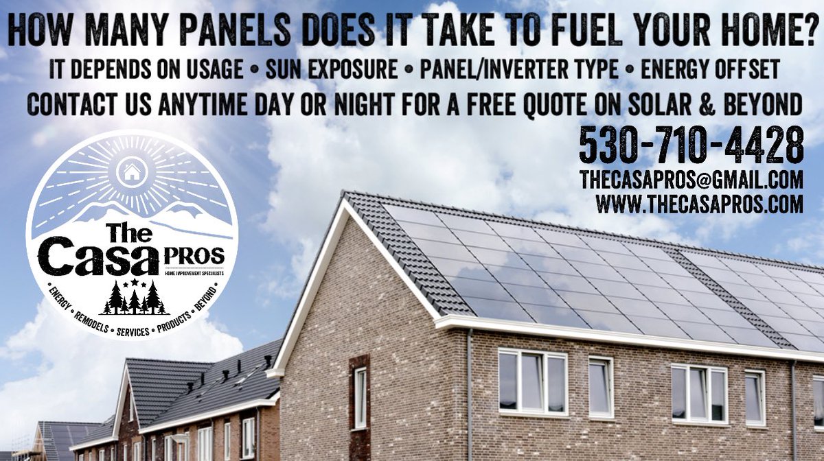 How many panels does it take to fuel your home? Contact us today for a free quote to see the amazing savings that comes with going solar. 530-710-4428
thecasapros.com