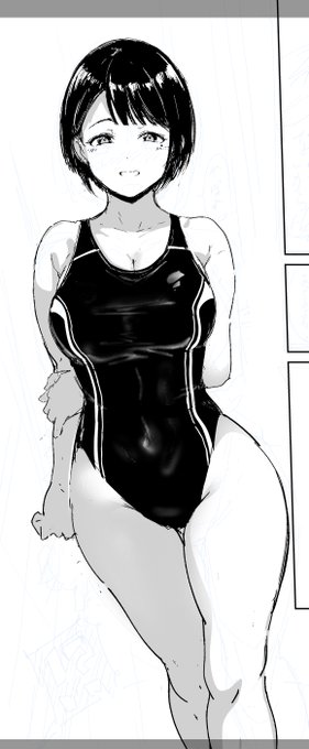 今日の作業終わり。商業下書き中、久しぶりに競泳水着描けて楽しい～～～ 