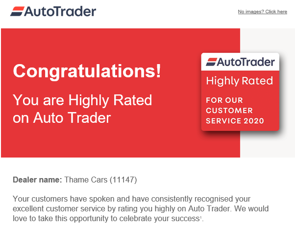 thamecars's tweet photo. We are delighted to be awarded Highly Rated on AutoTrader for our customer service 2020 👏
Thank you to our customers for the support and well done to our team for all the hard work!

#thamecars #cardealership #thame #autotrader https://t.co/7xMDgcBvIH