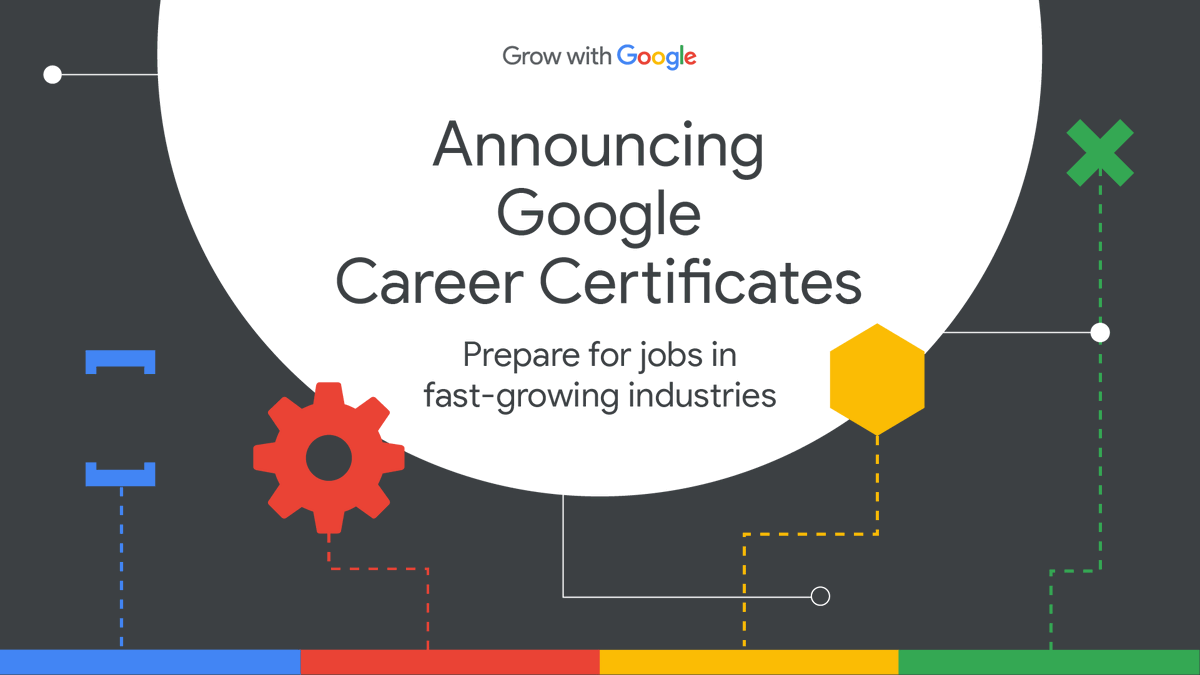 googlestudents's tweet photo. Announcing Google Career Certificates — new job trainings from #GrowWithGoogle!

💡 Learn skills needed for jobs in high-paying industries
🎓 Gain experience equivalent to a four-year degree
👥 Connect directly with employers
🛣️ Start a new career path

https://t.co/sXJKd0VwTd https://t.co/e1XMiuz8yi