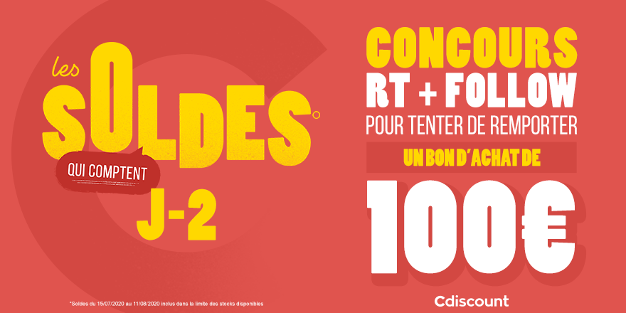 Cdiscount's tweet image. 🎁 #Concours 

🔥 Les soldes c'est dans 2 jours sur Cdiscount ! On vous offre 3 bons d'achat de 100€ pour en profiter encore mieux

Pour tenter ta chance : 
🔸 RT ce tweet
🔹 Follow @Cdiscount

⏰ TAS 15/07