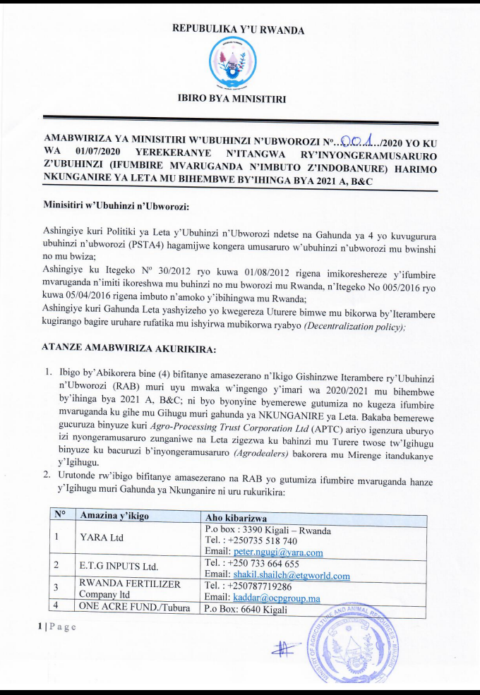 Ministry Of Agriculture Animal Resources Rwanda V Twitter Amabwiriza Ya Minisitiri W Ubuhinzi N Ubworozi Yerekeranye N Itangwa Ry Inyongeramusaruro Z Ubuhinzi Ifumbire Mvaruganda N Imbuto Z Indobanure Harimo Nkunganire Ya Leta Mu Bihembwe By