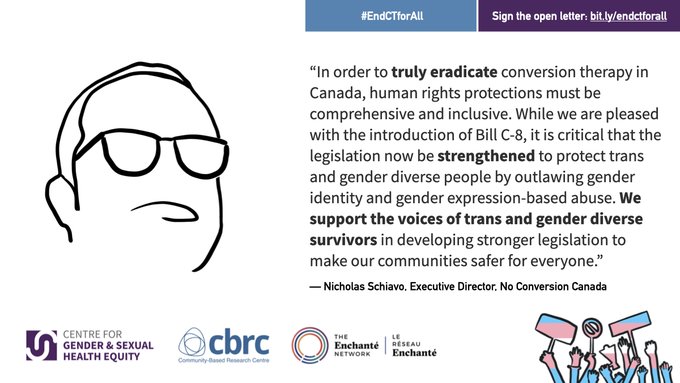 CBRCtweets's tweet photo. "In order to truly eradicate #conversiontherapy in Canada, human rights protections must be comprehensive and inclusive." -
@NickSchiavo_
, Executive Director,
@NoConversionCA
Sign our open letter to #EndCTforAll: https://t.co/HrUthGhp0e https://t.co/KB6Sn5zFKH