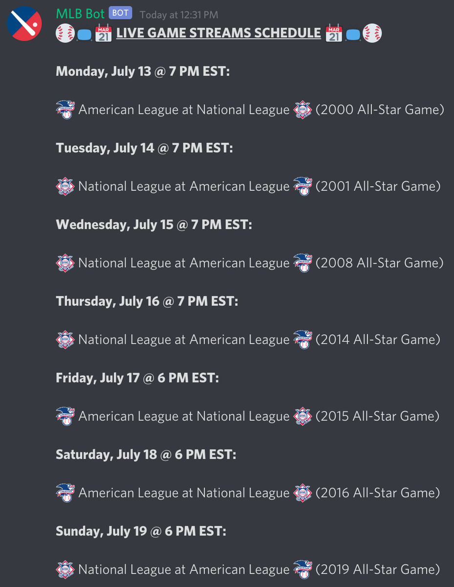 📅This week's All-Star filled Game Streams Schedule!

📺Join/Watch here: discord.gg/FzEfW2K

#MLB #Baseball #MLBLive #LiveBaseball #Live #Chat #MLBChat #Discord #BaseballIsBack #AllStarGame #AllStar