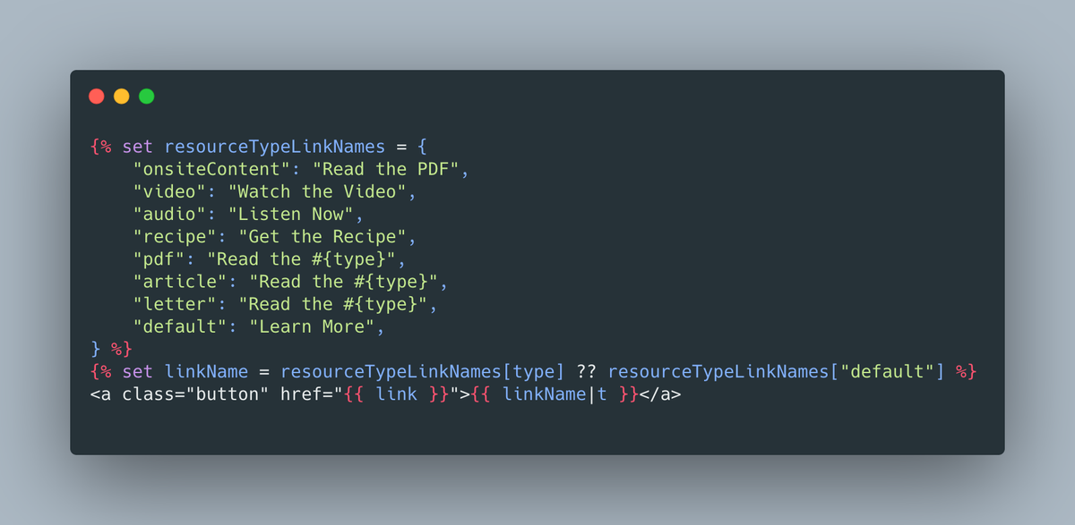 nystudio107's tweet photo. ✅ Craft CMS / Twig tip 🎉 If you find yourself writing a bunch of if / elseif conditions in Twig, you could use {% switch %} for sure.
But using a Look Up Table (LUT) usually results in the least cognitive load, it's easier to modify & translate, too. #craftcms #crafttip https://t.co/7TyPZb2CcQ