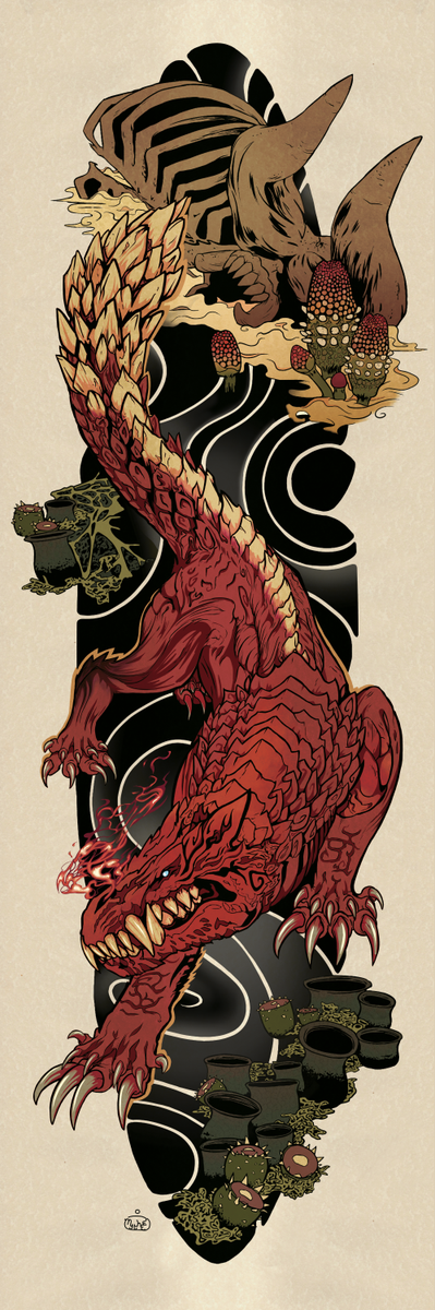 mytheeee's tweet photo. #odogaron and #legiana drawn in the style of japanese sleeve tattoos. #monsterhunterworld fanart! I'm not too happy with how Legiana turned out, I think I should have shown how pretty the wings and mantle look from behind. https://t.co/BDasVDrEty
