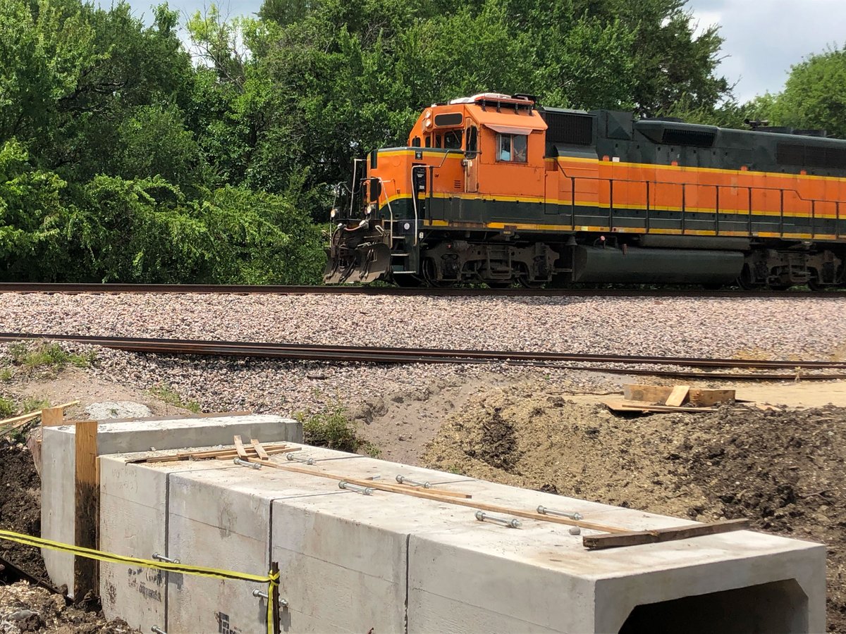 Forterra precast box culverts can be designed to handle Cooper E-80 railroad loadings.  Here, 8’x8’ box culverts are extending an existing run of box culvert to allow for a future parallel railroad siding along the main track.  #Forterra #railroad forterrabp.com