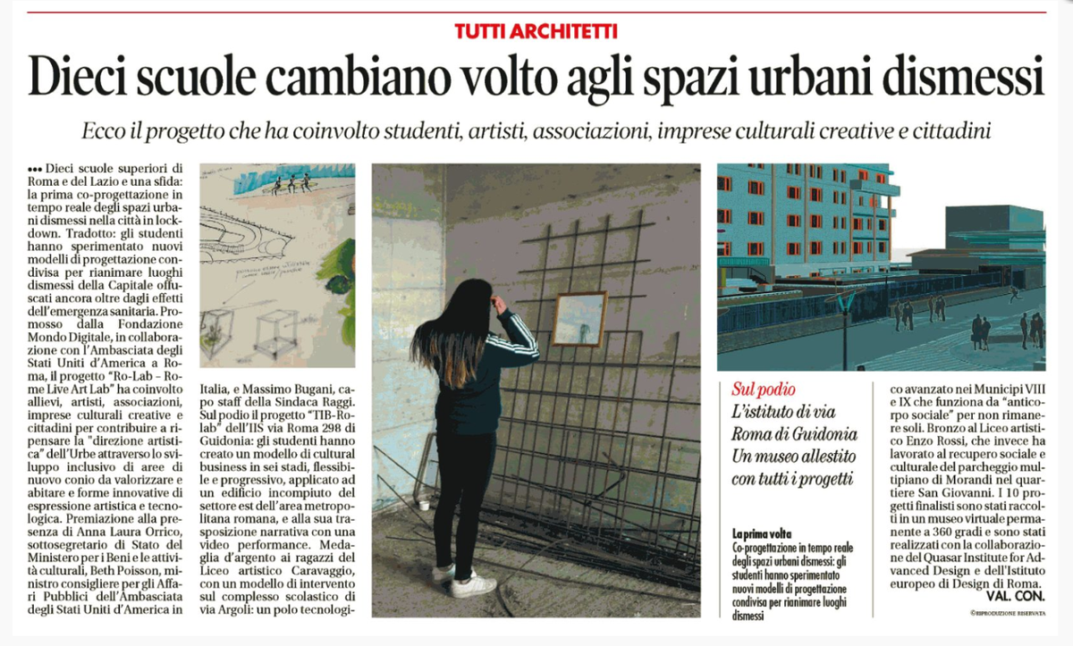 fmdigitale's tweet photo. Le idee dei giovani a servizio della città di @Roma Così con il progetto #RoLab in collaborazione con @AmbasciataUSA  gli studenti danno nuova vita a luoghi dismessi della capitale immaginando forme innovative di socialità post #COVID19 @tempoweb https://t.co/x6I2qGC0n8