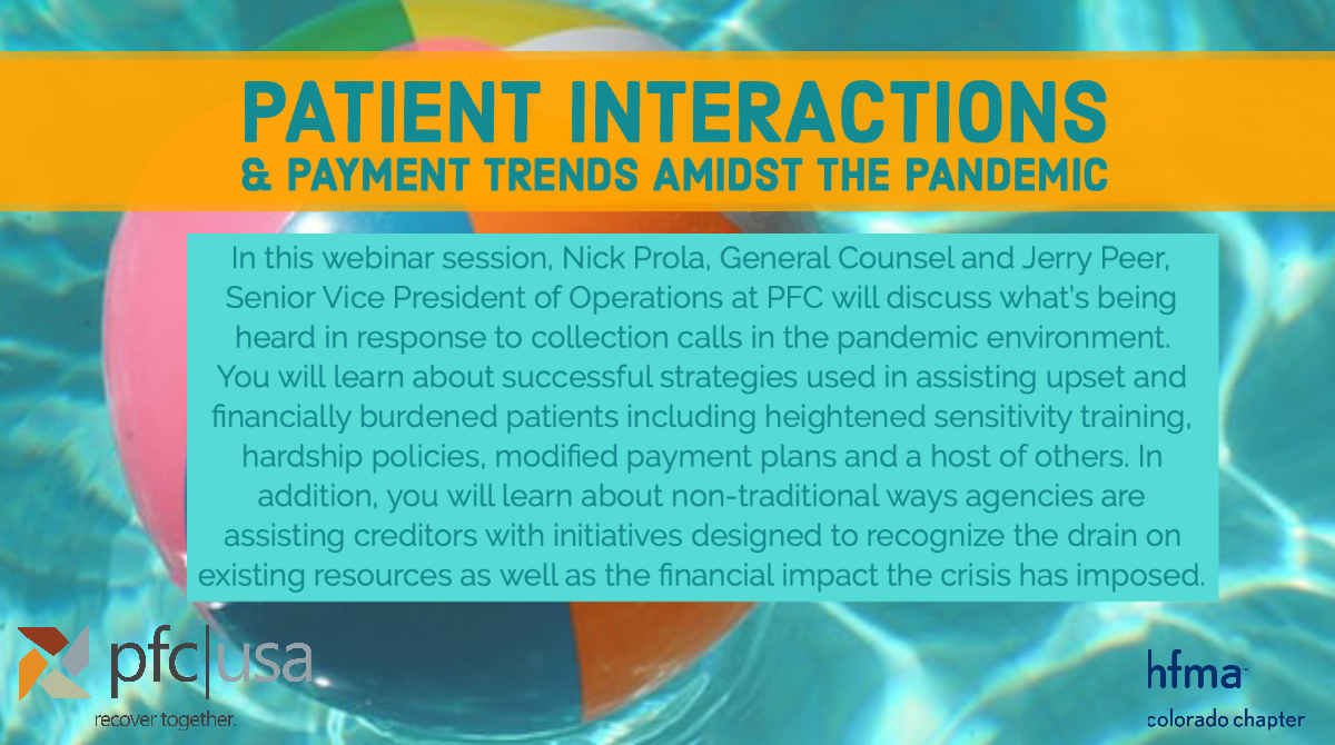Join COHFMA for our next #summerwebinarseries. Provided by Professional Finance Company, we will look at trends in patient interactions in this pandemic and review strategies to be successful in this crazy time. Register: cvent.me/gZDLXV
