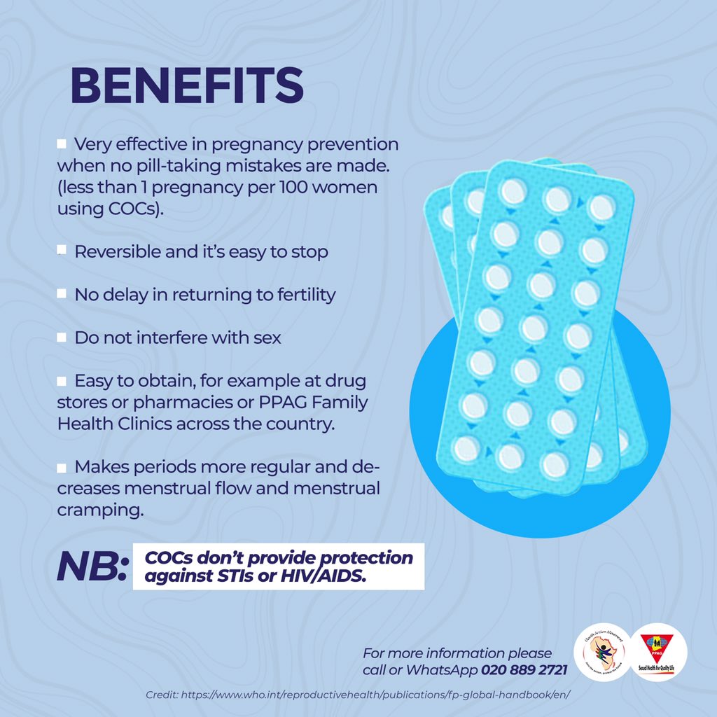 PPAGGhana's tweet image. Some of the benefits of COCs are:

- No delay in returning to fertility 
-the method doesn’t interfere with sexual intercourse 
- Reversible and easy to stop 
More 👇🏾

#KnowYourFPMethods #SexualHealth4QualityLife