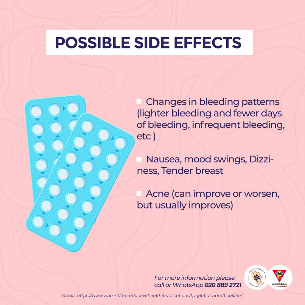 PPAGGhana's tweet image. Possible side effects of using COCs include mood swings, dizziness, tenderness in breast , changes in bleeding pattern, nausea ...👇🏾👇🏾👇🏾

#KnowYourFPMethods 
#SexualHealth4QualityLife