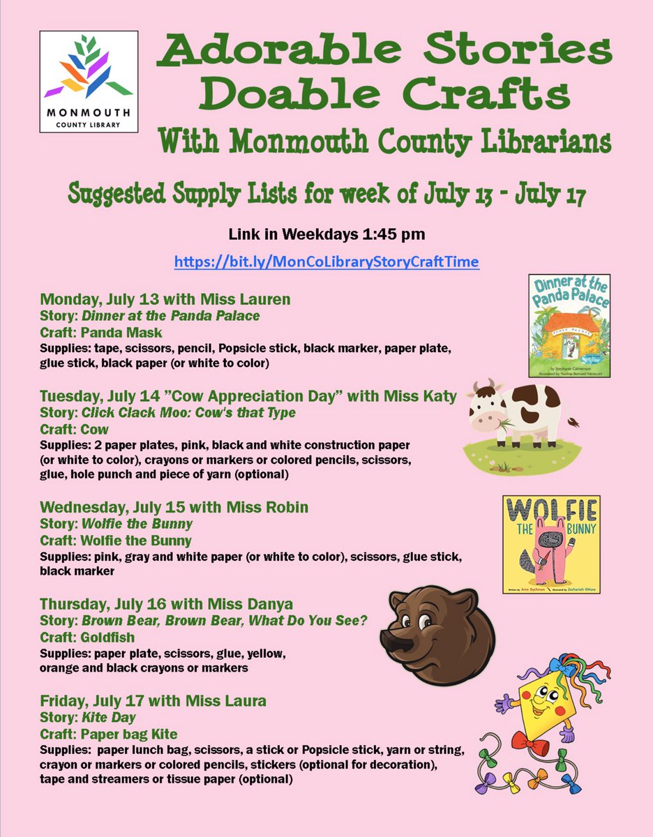 🤩Heeerrrreeee’s Storytime/craft suggestions for this week! 
Link in all summer for adorable stories by crafty librarians! We are WITH you — everyday! link in after 1:45! 
bit.ly/MonCoLibrarySt…. 
<a href="/MonmouthGovNJ/">Monmouth County</a> <a href="/MacKidCNJShore/">Macaroni Kid MonBeach.SpringLake.BayHead</a> <a href="/MacKidTintonFal/">MacKidLincrftHolmdTF</a> <a href="/HFSouthMonmouth/">Hulafrog S. Monmouth</a>  <a href="/NJMoms/">New Jersey Family</a> <a href="/MEF_NJ/">MarlboroEdFoundation</a>