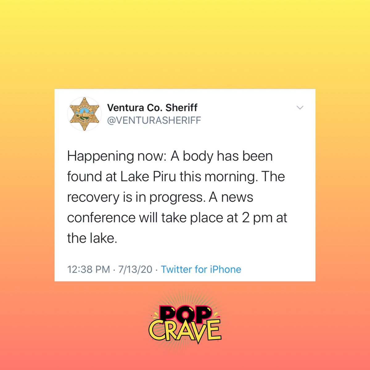 A body has been found at Lake Piru where #NayaRivera went missing, the Ventura County Sheriff’s Office has confirmed.

A news conference will take place at 2 PM at the lake. 🙏