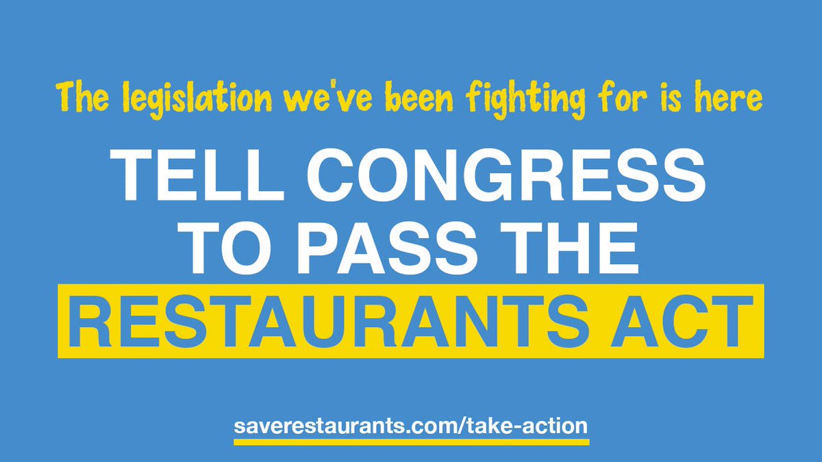 500,000 independent restaurants and 11,000,000 jobs could go away if Congress doesn't act. To learn more on how to help save local restaurants, go to saverestaurants.com