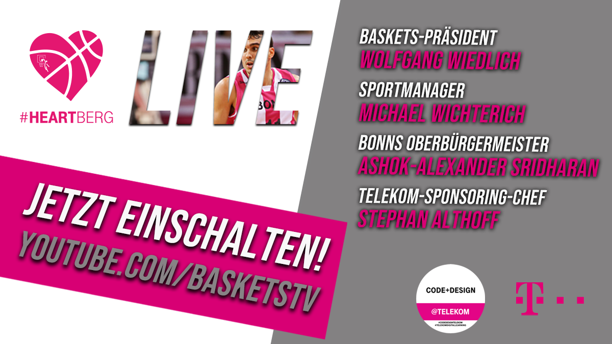 TelekomBaskets's tweet photo. Jetzt einschalten! #HEARTBERG LIVE auf dem Baskets YouTube-Kanal!
Die Liveshow gibt es hier >>> https://t.co/4y9FI8mmtk
#easycreditbbl #HEARTBERG #DABEI #TAKEPART #telekomwall #codedesigntelekom #deutschetelekom @CodeDesignAcad1 @deutschetelekom @BundesstadtBonn https://t.co/jgcMtXlpIk