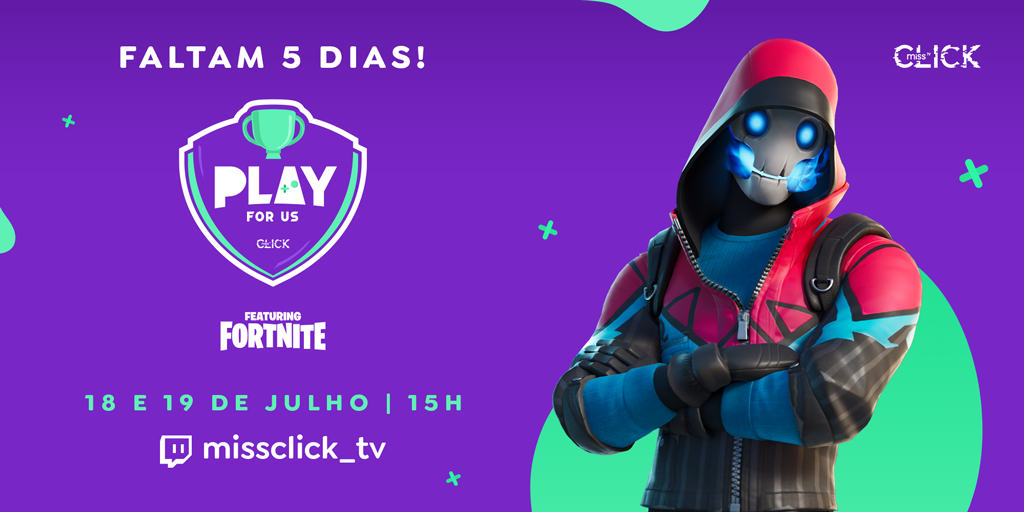 missclick_tv's tweet photo. É isso mesmo! Faltam 5 dias para o Play for Us, o campeonato de Fortnite com aquele time que você respeita! 

🗓️18 e 19 de Julho | 15H
📺https://t.co/T4p7SmpXsk

Nota mental: tenho só 5 dias para conseguir fofocas quentes desses bastidores.

#playforus #fortnite #missclicktv https://t.co/DyXXE75mjU