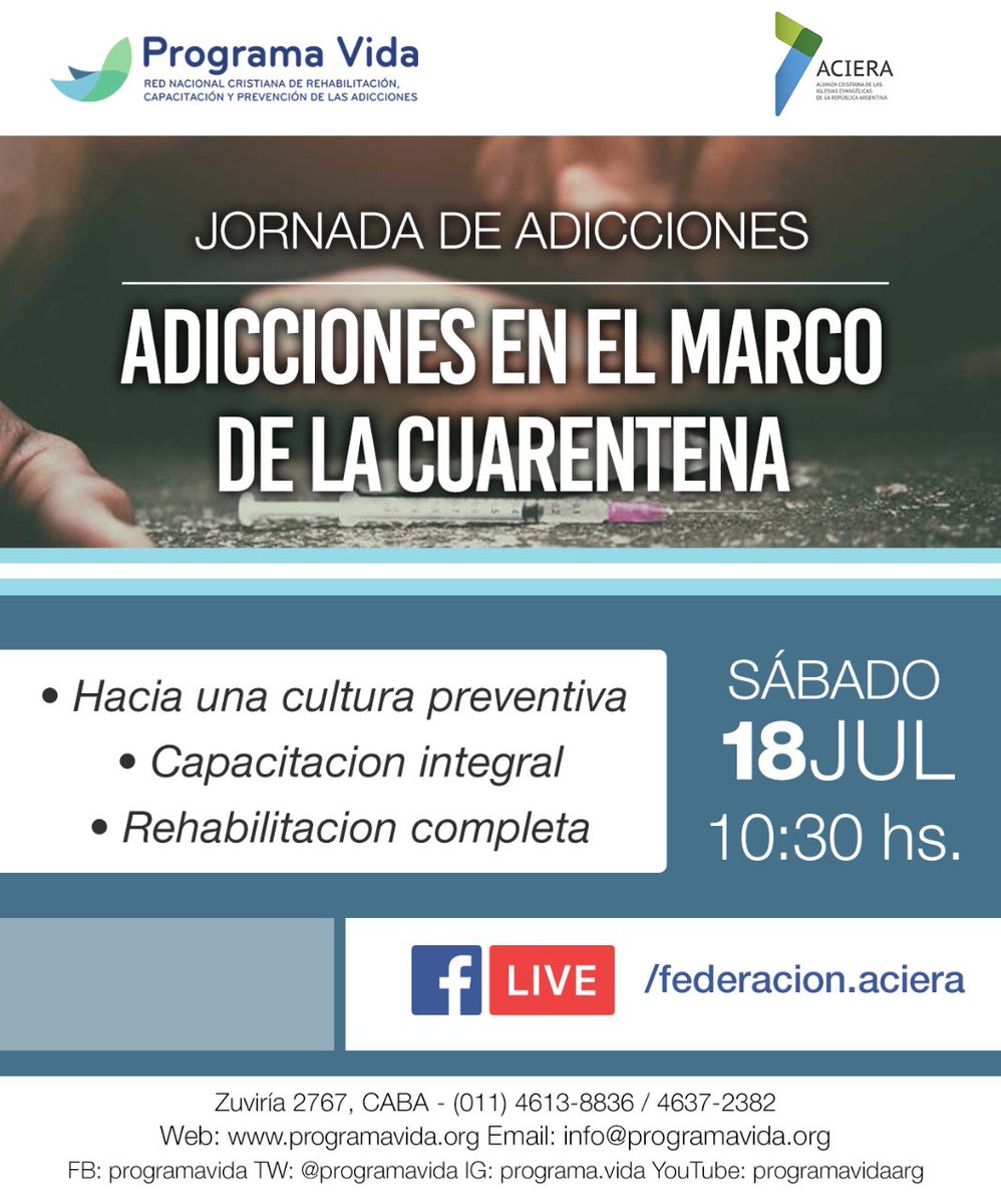 aciera_arg's tweet photo. Este sábado es la cita. Es gratis. Y será un tiempo de capacitación especial para el tratamiento de adicciones. ¡No te lo pierdas! https://t.co/p2ZOB7bfu9
