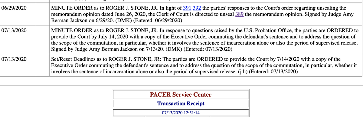ericgarland's tweet photo. BREAKING MINUTE ORDER PER JUDGE AMY BERMAN JACKSON: Trump and Stone have until tomorrow to provide full paperwork on his legally impossible commutation. 🤣 https://t.co/WpheKzYUWz