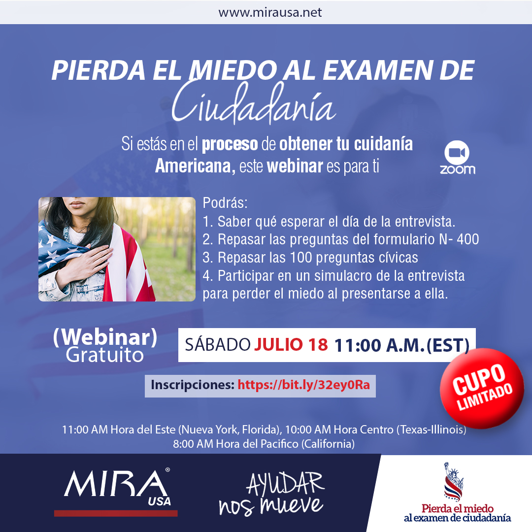 MIRAUSAOficial's tweet photo. ¿Estás en el proceso para obtener tu Ciudadanía Americana?

Te invitamos a este taller Gratuito en donde podrás:
✔️Repasar preguntas del formulario N-400
✔️Repasar las 100 preguntas cívicas, entre otras.
Inscripciones👉🏻https://t.co/IcKXSBQyuN

⏰11 AM (EST) - 18 de Julio https://t.co/3R8p2aOyGn