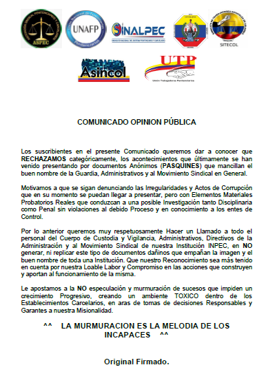 Rechazo rotundo, a los documentos anónimos, que denigran el buen nombre de las personas y/o instituciones. Invitación a denunciar con nombre propio <a href="/INPEC_Colombia/">INPEC Colombia</a> <a href="/DInpec/">Director General INPEC</a>