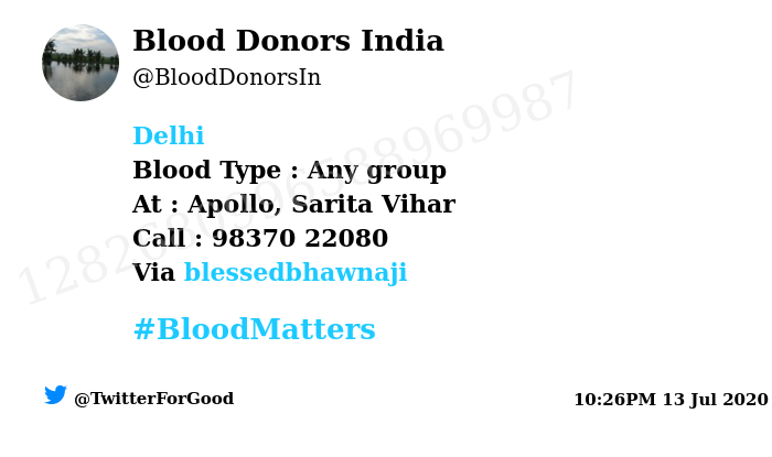 BloodDonorsIn's tweet photo. #Delhi
Need #Blood Type :  Any group
At : Apollo, Sarita Vihar 
Number of Units : 5
Primary Number : 98370 22080
Patient : Laiba
Illness : Leukemia 
Via: @blessedbhawnaji
#BloodMatters
Powered by Twitter https://t.co/fZsIqNXmty