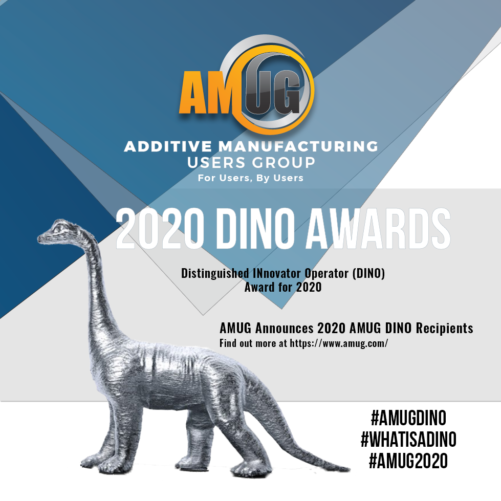 AdditiveMFGUG's tweet photo. We couldnβt wait an entire year to recognize our DINOs!Β Β Watch as AMUG presents 10 new recipients with their Distinguished INnovator Operator (DINO) Award. #AMUG2020 DINO Award Ceremony @ https://t.co/6yXURX3Q9P or on our Vimeo channel at https://t.co/EsJllI1glv https://t.co/nW8cdyz5ji