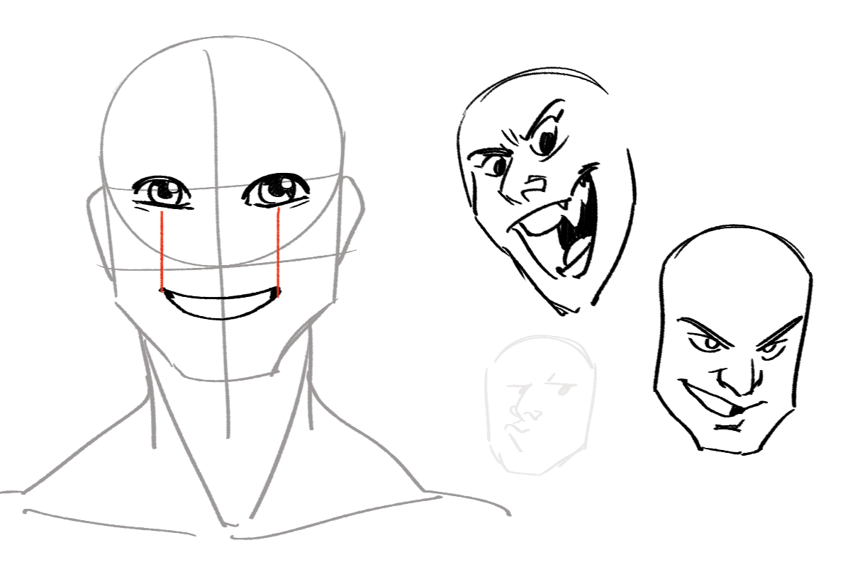 Today's Art Tip is: a general rule of proportion is that the middle of the eyes is the widest a moth can stretch in a smile. This is a GENERAL rule because breaking it is a good way of pushing expressions, making them way more extreme and easy to read.