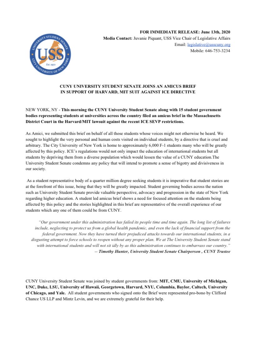 USSCUNY's tweet photo. 🚨BREAKING🚨: We filed amicus with 15 other schools’ / student governments in support of MIT/Harvard lawsuit against @ICEgov @DHSgov . As student leaders we cannot just simply stand by and watch the horrible actions the federal government is taking on our students . https://t.co/XV91gqWqYZ
