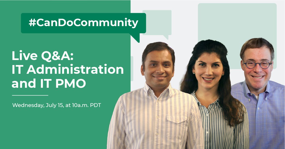 Smartsheet's tweet image. Are you an IT Administrator or do you use Smartsheet for your IT PMO? Join us Wednesday, July 15, at 10 a.m. PDT for our #CanDoCommunity Live Q&amp;amp;A!  A team of IT experts will answer your questions about the evolving roles of IT. Sign up: bit.ly/2W8uunj
