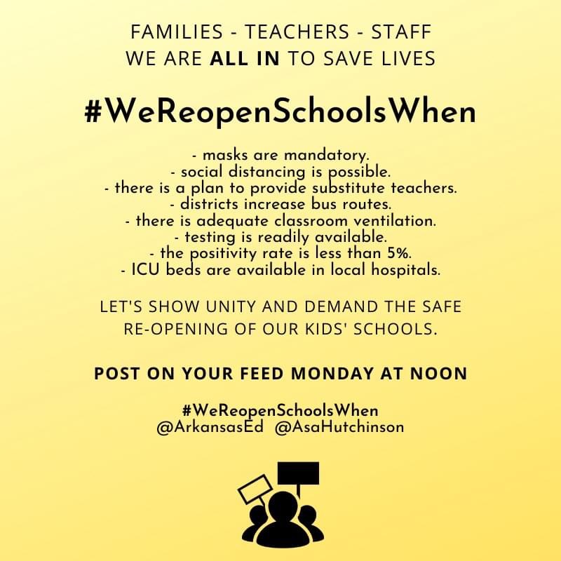 jeneforarkansas's tweet photo. I’m the mother of a public school student, and the daughter of a former public school teacher. #WeReopenSchoolsWhen we’ve done the work to protect everyone in our community. 

@AsaHutchinson @ArkansasEd https://t.co/stwYwHnDSR