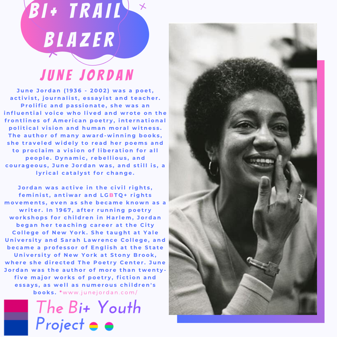 biplusyouth's tweet photo. TODAY'S BI+ TRAILBLAZER IS JUNE JORDAN!!!
#TBYP #BiPlusYouth #Bi #BiPlus #BiMen #BiWomen #BiGNC #BiGNB #Bisexual #Pansexual #Polysexual #MGL #Fluid #BiVisability #BiAndProud #Queer #LGBTQ #Pride #BiTrailBlazer #lgbtpride #lgbt #JuneJordan https://t.co/aXBBkzIAzp https://t.co/3HZKST39B9