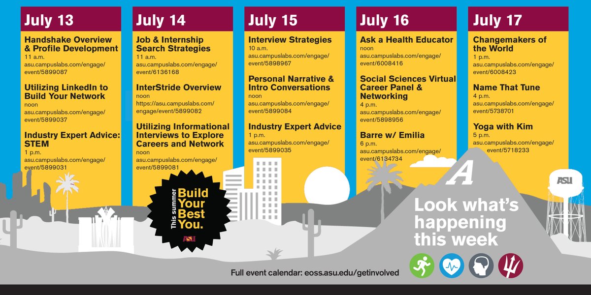 TempeClubsASU's tweet photo. Build your best you this summer by connecting with other Sun Devils and learn how to use LinkedIn more effectively, job search strategies or enjoy a yoga session. ASUSync has you covered this week! https://t.co/skdFoLEChh #SunDevilSummer https://t.co/LOT2fw6CdZ