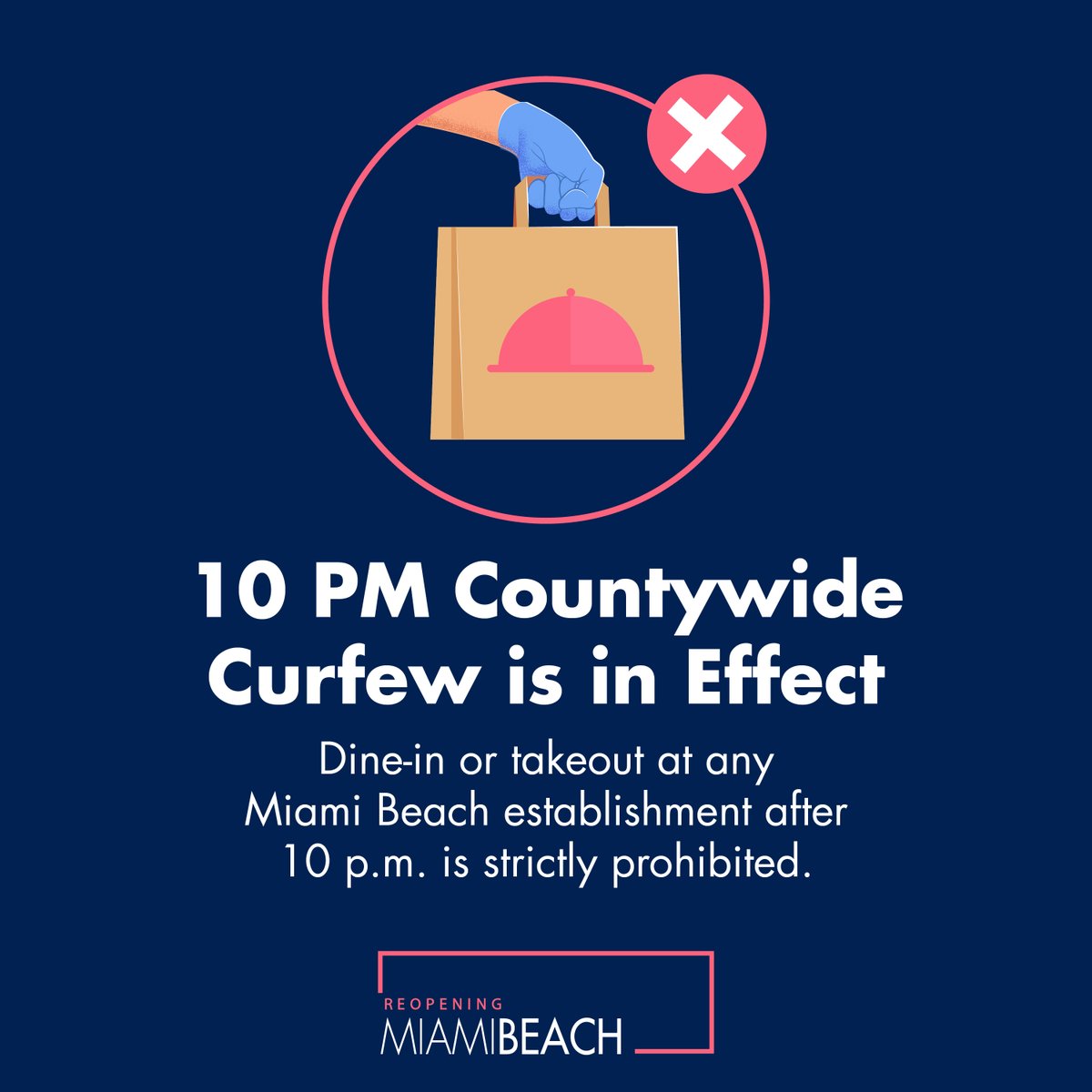 REMINDER: when the Countywide curfew goes into effect nightly at 10 PM, dine-in or takeout at any Miami Beach establishment is strictly prohibited. Learn more: conta.cc/30kFW0H #MBBiz