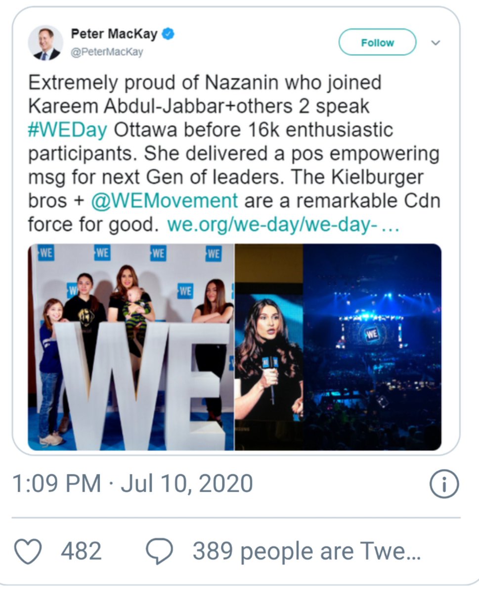 2. Many high profile members of the  #CPC began deleting their pro  #WE tweets. Including Peter MacKay tweeting about his wife’s own speeches at  #WE events. She appears to have been paid through her booking agency while leaving MacKay free to claim WE did not pay her.  #cdnpoli