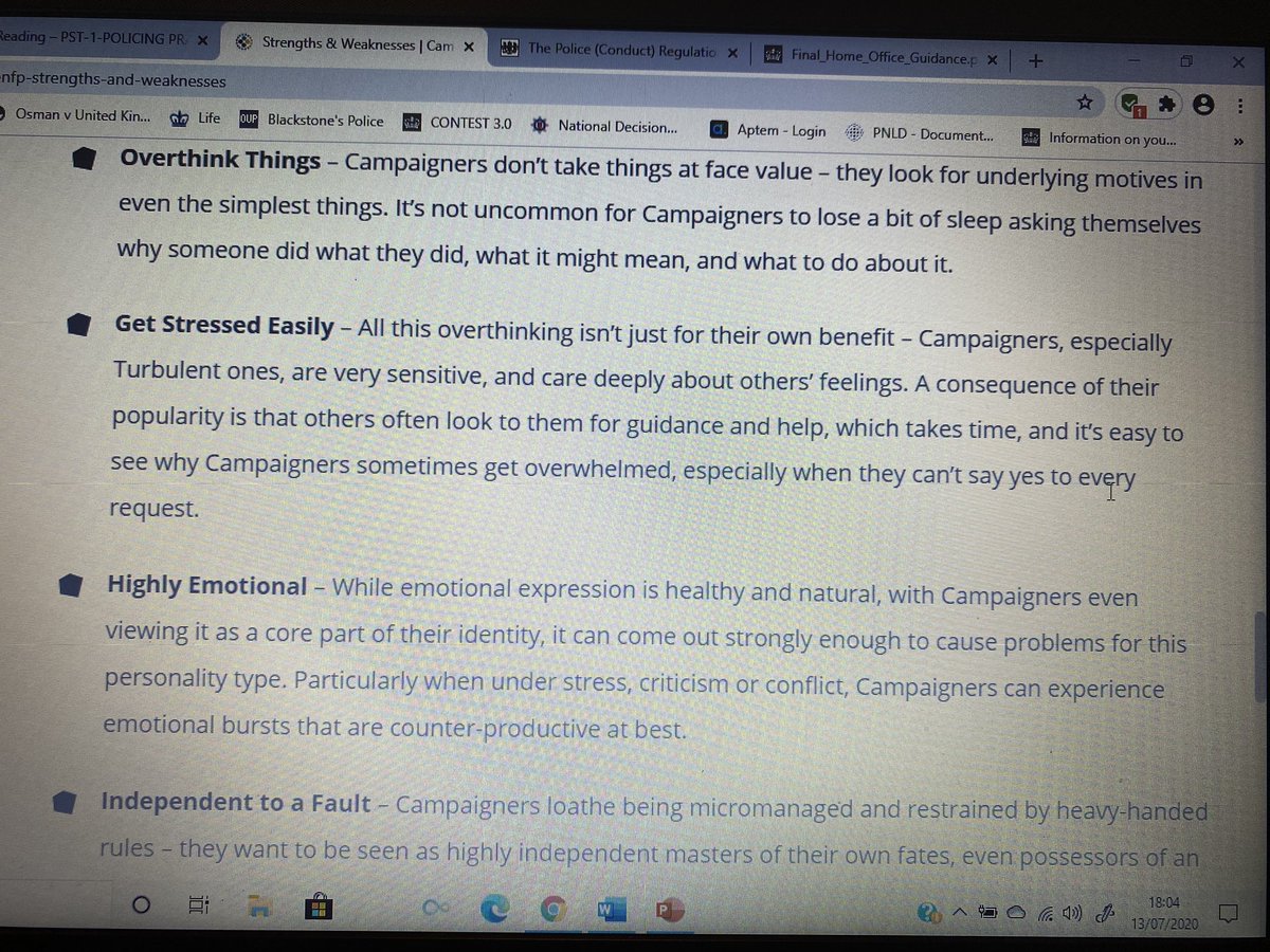PCT198's tweet photo. Apparently Iβm a βturbulentβ campaigner and on looking through the weaknesses of this personality type I can, again, recognise those traits in myself! Interesting! #pcda #distancelearning #uni #protectedlearning @IoPStaffs @RetInsp @SecuritySheep @StaffsUni https://t.co/sMNE01ByY5