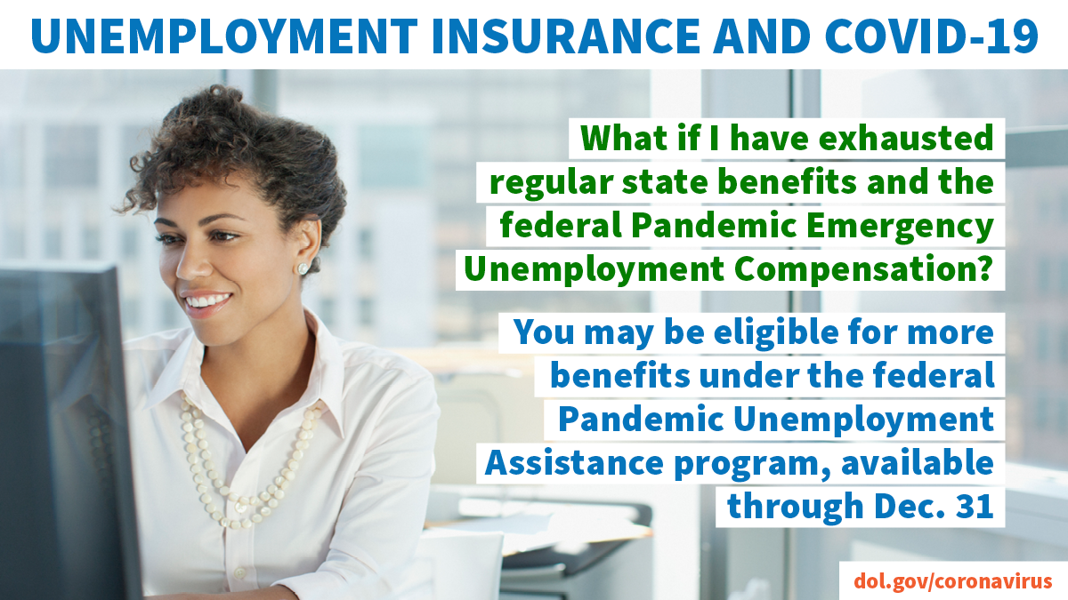 USDOL's tweet photo. Did you know that if you have exhausted regular state unemployment benefits and federal Pandemic Emergency Unemployment Compensation, you may still be eligible for federal benefits through Dec. 31? Learn more: https://t.co/57nA7WMzyw https://t.co/ZyNqUvW2O3
