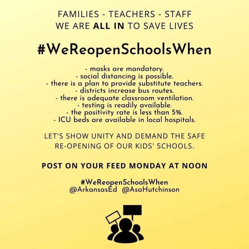 haleymlane's tweet photo. @ArkansasEd #WeReopenSchoolsWhen 

Stop planning to send us back in-person when your staff is still working remotely. Stop planning to send us back without the proper funding to make it as safe as possible. Stop treating us like expendable babysitters. https://t.co/mpbHuANn6q
