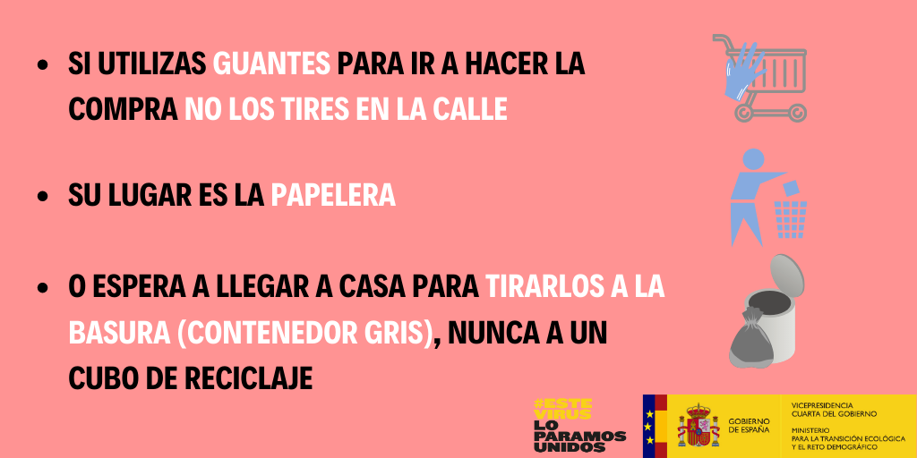 mitecogob's tweet photo. 👉Recuerda:
✋🏻Tirar guantes y mascarillas a la calle es incívico y un riesgo de contagio
Si vas a hacer la compra con ellos, cuando termines... ❌ No los tires al suelo
🗑️Usa las papeleras o espera a llegar a casa para depositarlos en el cubo de basura https://t.co/sOKRBEGa08