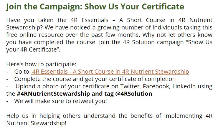 4RSolution's tweet photo. => Join the Campaign: "Show Us Your Certificate" using the #4RNutrientStewardship Course Registration Link: https://t.co/mr84Z7YOkZ
@CDFCanada @FertilizerCA @PlantAfrican #4RCanadaAfrica #4R4Development https://t.co/weto5n8DNs