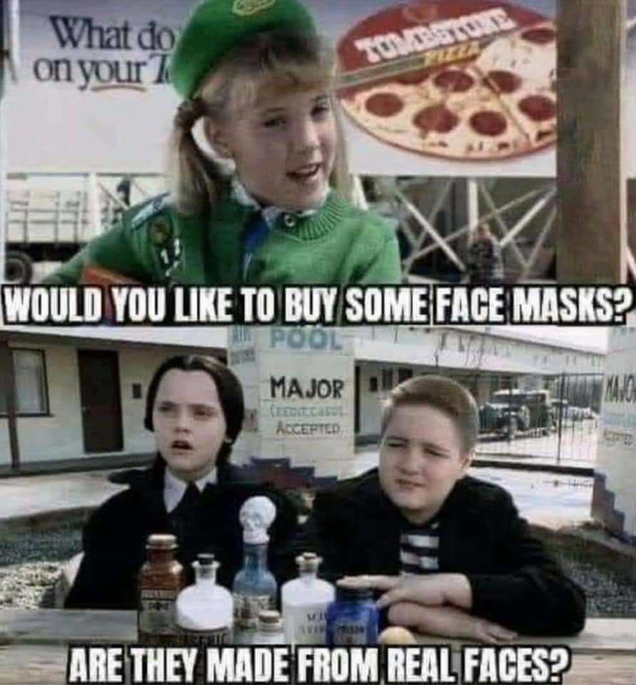 LaurenCurtisArt's tweet photo. Gotta love the mind of an Addams.... #maskhumor #AddamsFamily #WednesdayAddamsRules #facemasks https://t.co/PxmR15lyA0