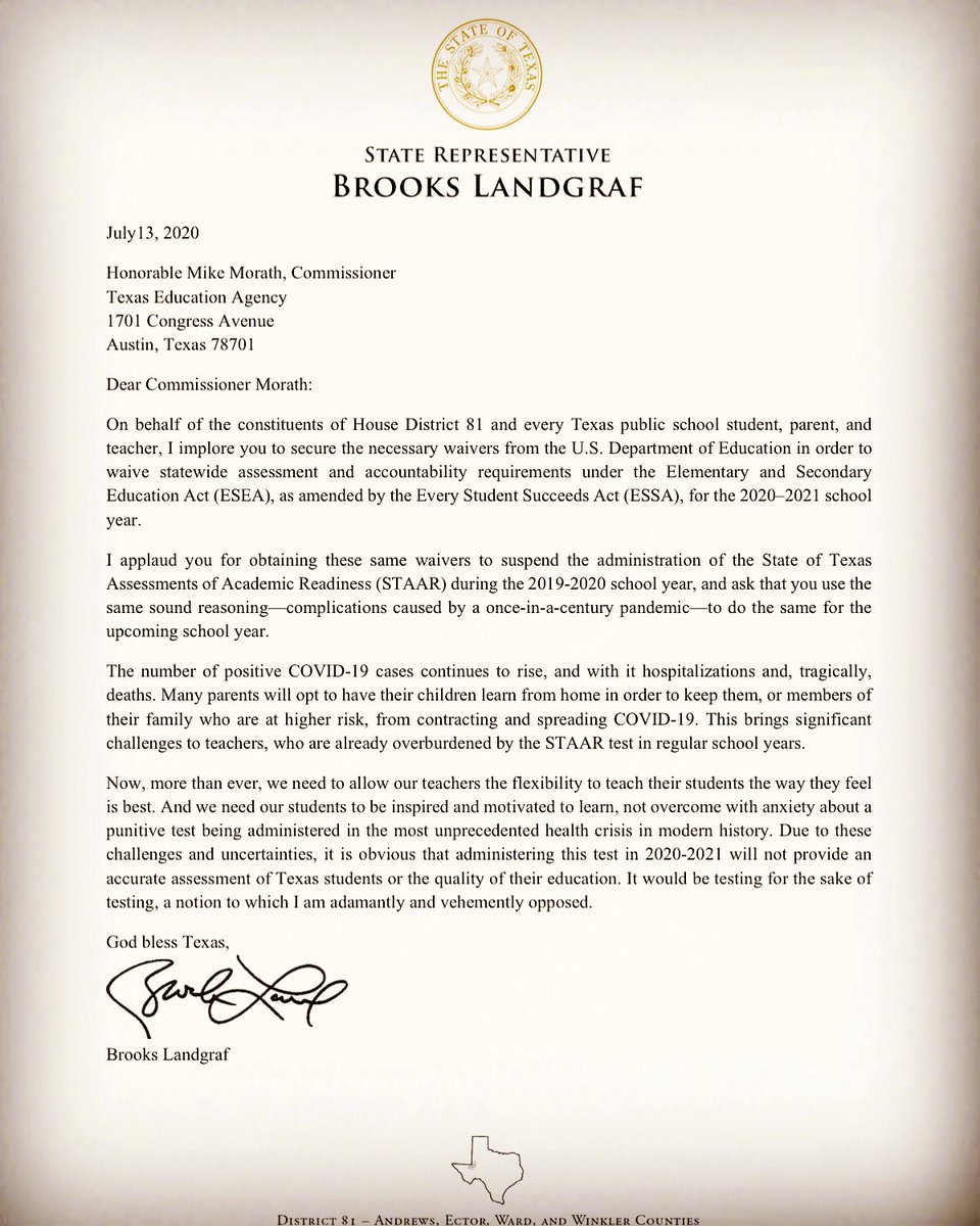 BrooksLandgraf's tweet photo. Now that so much uncertainty confronts Texas children and educators, the last thing we need in 2021 is STAAR. On behalf of students, teachers and parents, I’ve asked the TEA to cancel STAAR for the upcoming school year. #txlege #txed https://t.co/ScrsMI4ZdU