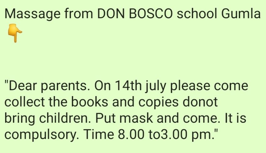 MBadlao's tweet photo. ये मैसेज Don Bosco School गुमला का है। अभी गुमला में कोरोना के मामले तेजी से बढ़ रहे है। सेंट्रल गवर्नमेंट के तरफ से भी 31 जुलाई तक स्कूल में किसी भी तरह का कोई एक्टिविटी नहीं करने का निर्देश दिया गया है, जिसको झारखंड सरकार ने भी माना है।
1/2 https://t.co/SakGURxcWg